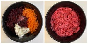 step to combine shredded carrot beetroot and cream cheese in a bowl collage