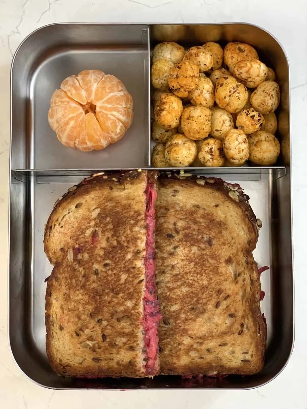 Beetroot Carrot Sandwich + Peri Peri Makhana + Orange/kids lunch box ideas indian recipes