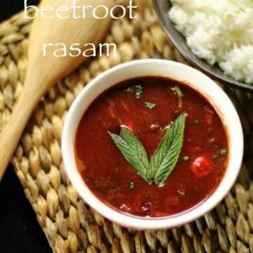 Beetroot rasam served in a bowl with side of hot rice