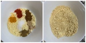 step to prepare the besan mixture with spices in a bowl collage