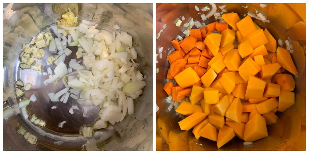 step to saute garlic and onions and add butternut squash collage