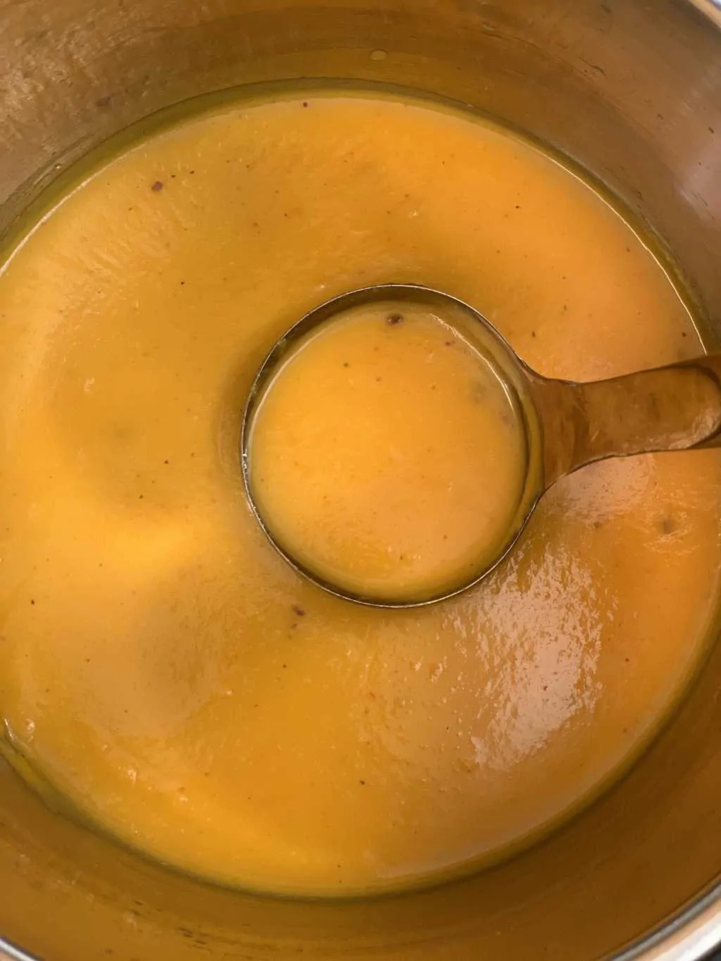 squash soup in a instant pot insert with a spoon