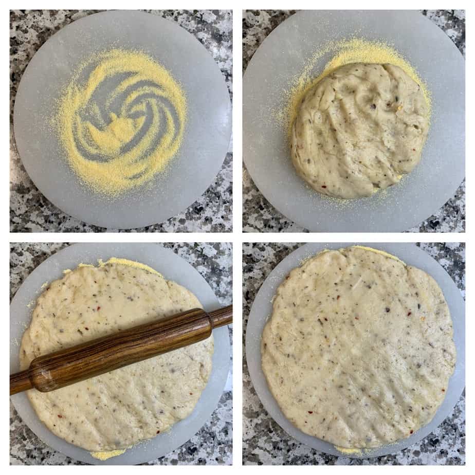 step to roll the dough with corn meal collage