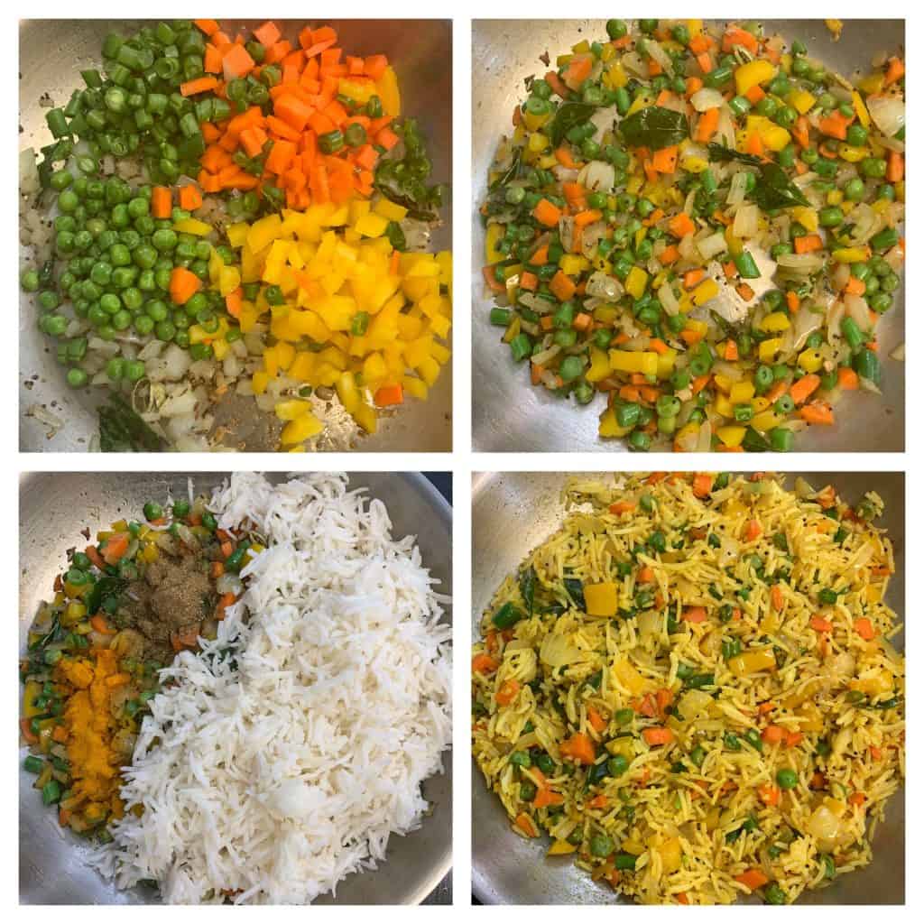 step to add veggies and cooked rice collage