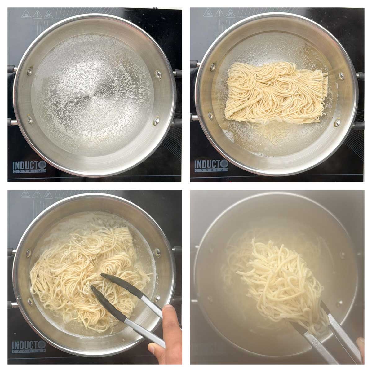 Step to boil the hakka noodles in the pan collage.