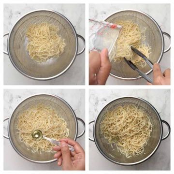 Step to drain and rinse the noodles in a colander and add some oil collage