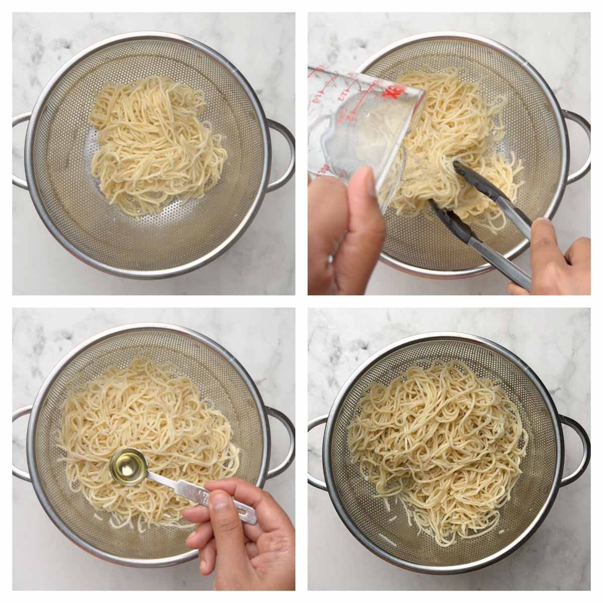 Step to drain and rinse the noodles in a colander and add some oil collage