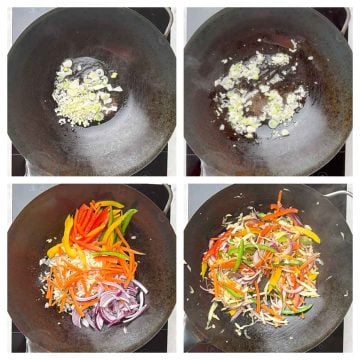 Step to stir fry garlic and veggies in a wok collage