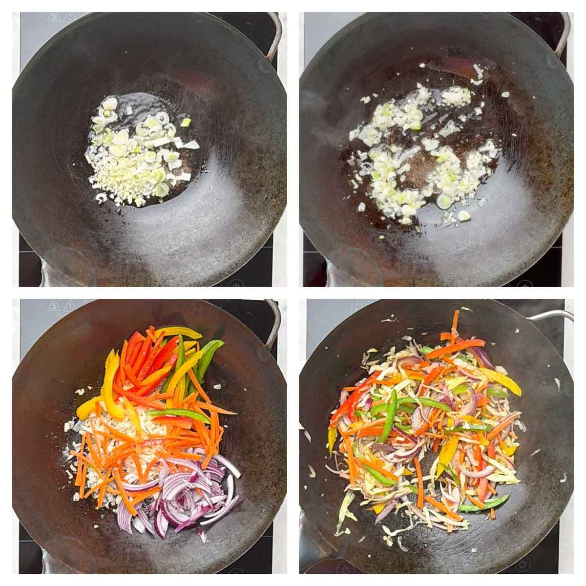 Step to stir fry garlic and veggies in a wok collage