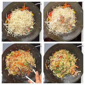 Step to add boiled noodles, sauces, salt and pepper and stir fry collage