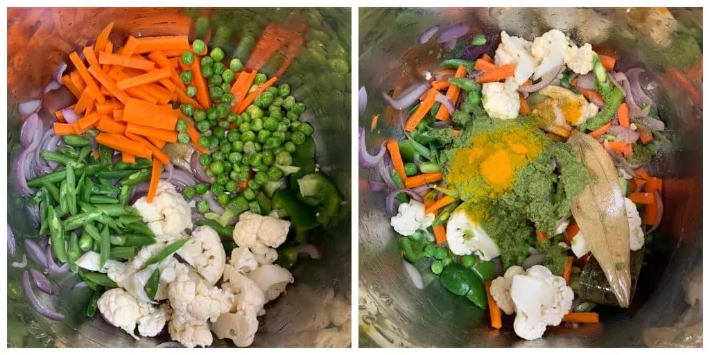 trin for at tilføje grøntsager og kokosnød mynte pasta collage