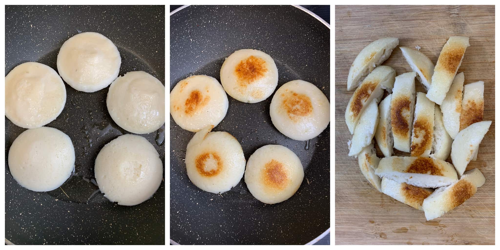 step to roast idli on a tawa and cut into strips collage