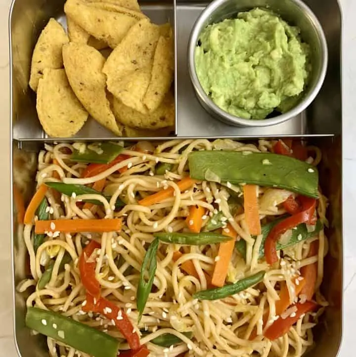Veg Chow Mein + Guacamole + Corn Chips