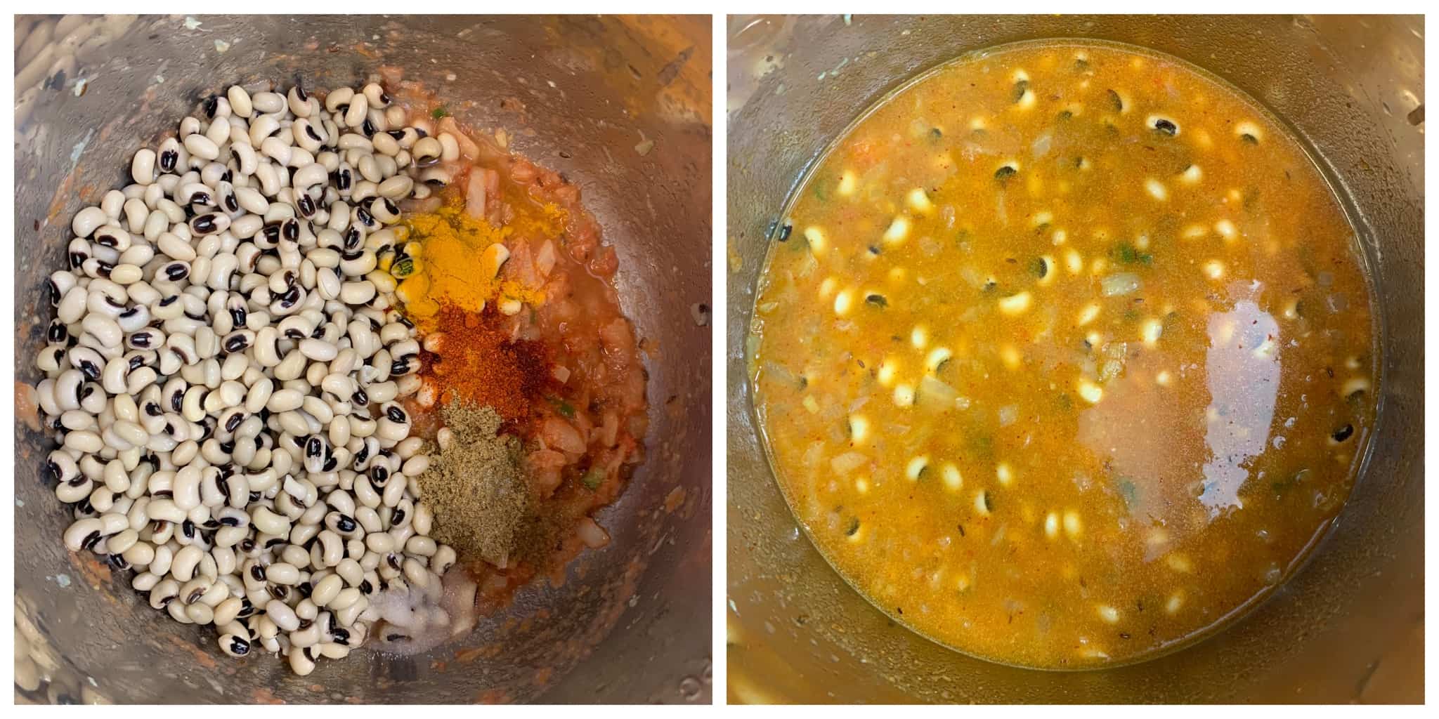 step to add soaked black eyed peas and dry spices collage