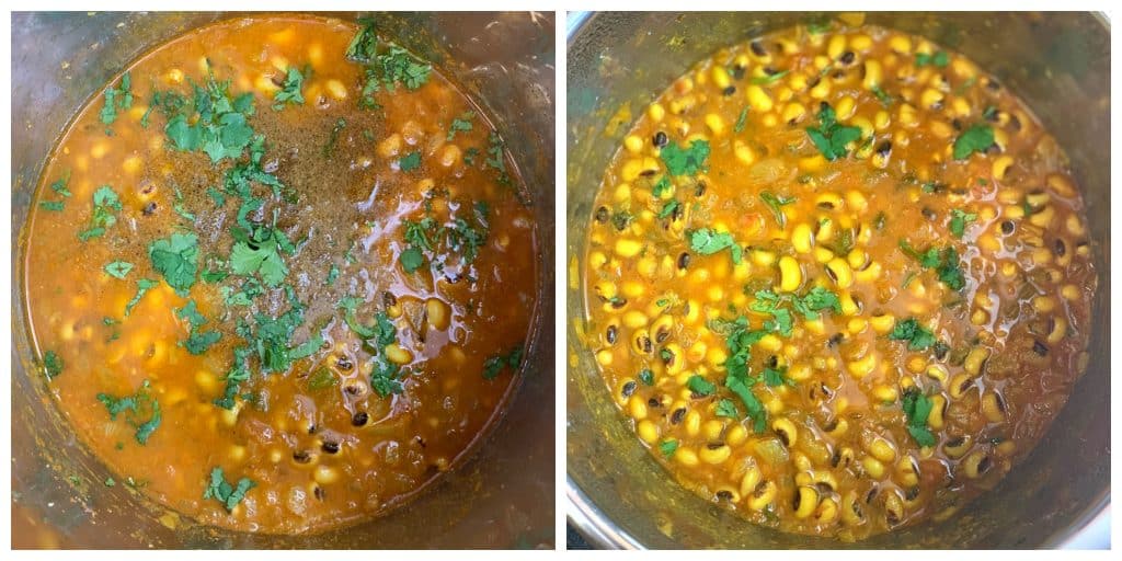 step to add garam masala to cooked black eyed peas curry and garnish with cilantro collage