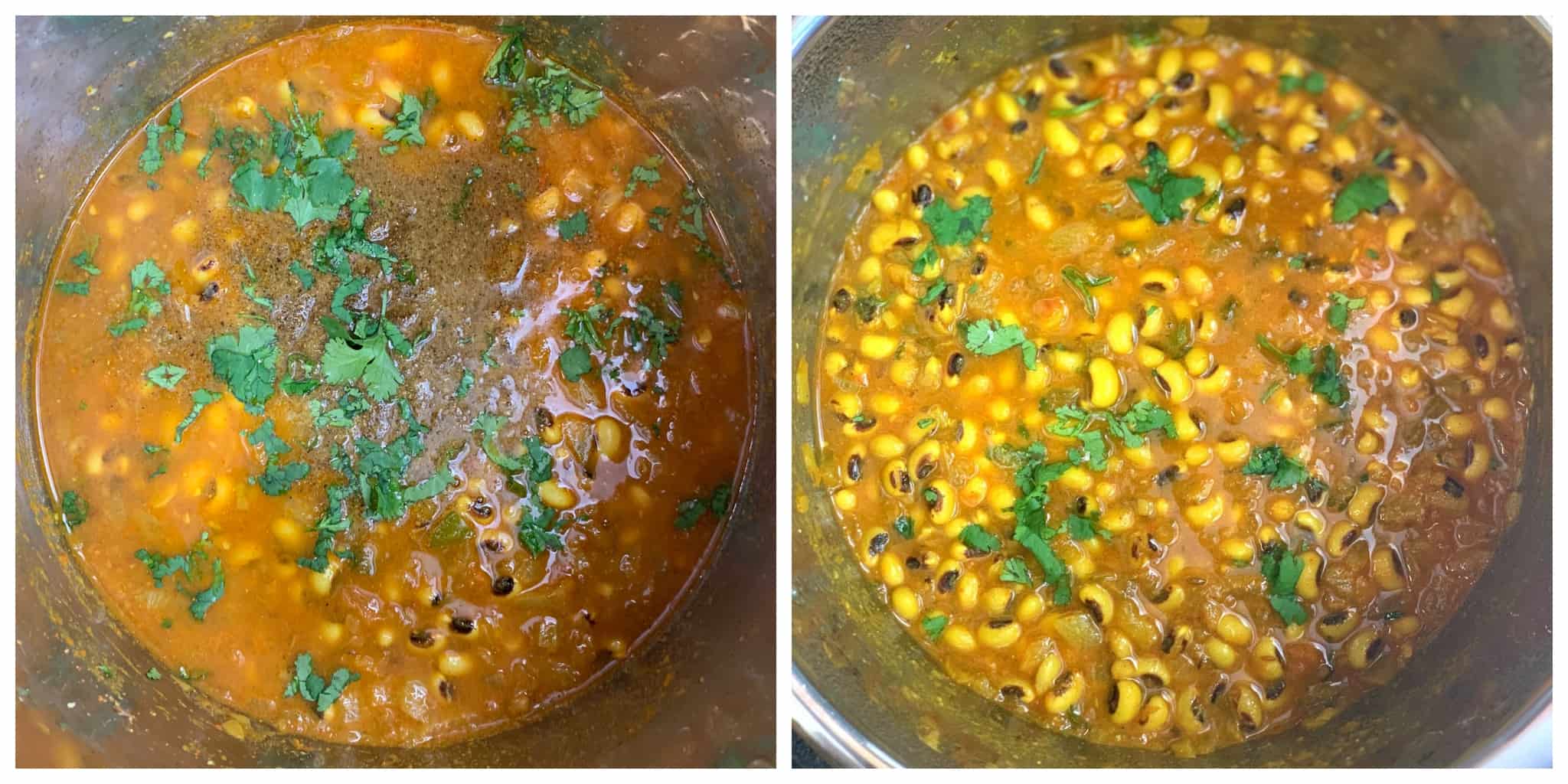 step to add garam masala to cooked black eyed peas curry and garnish with cilantro collage