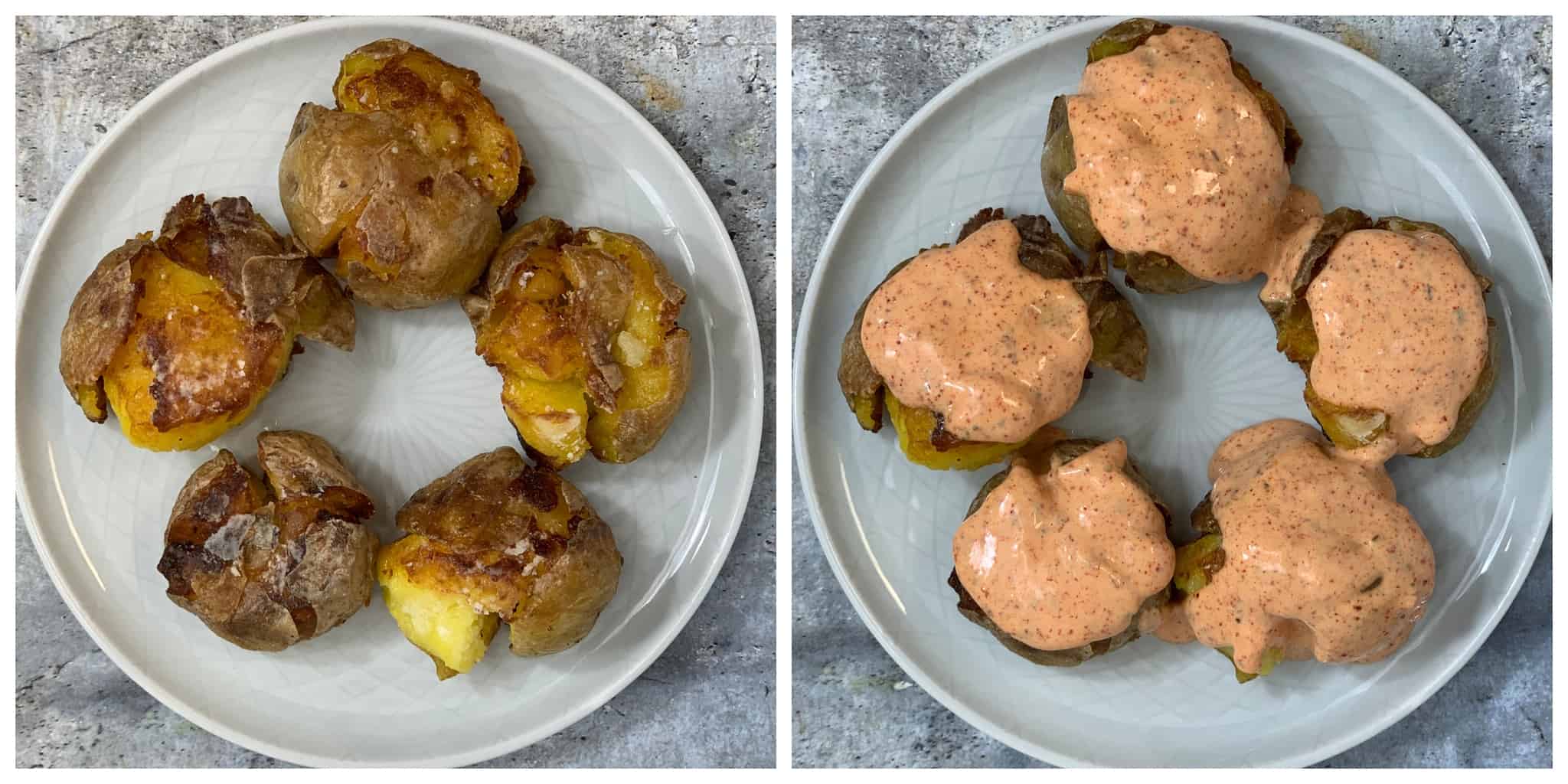 step to drizzle cajun mayo sauce on the potatoes collage