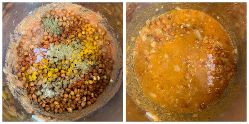 step to add soaked chickpeas and spice collage