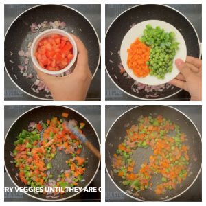 steps to cook vegetables for masala maggi by sauting tomatoes and mix vegetables collage
