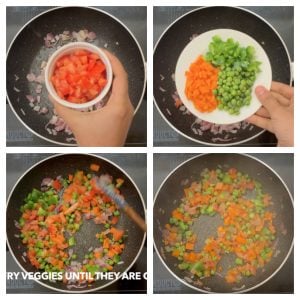 steps to cook vegetables for masala maggi by sauting tomatoes and mix vegetables collage