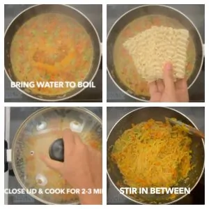 steps to add noodles and cook for Vegetable maggi noodles collage