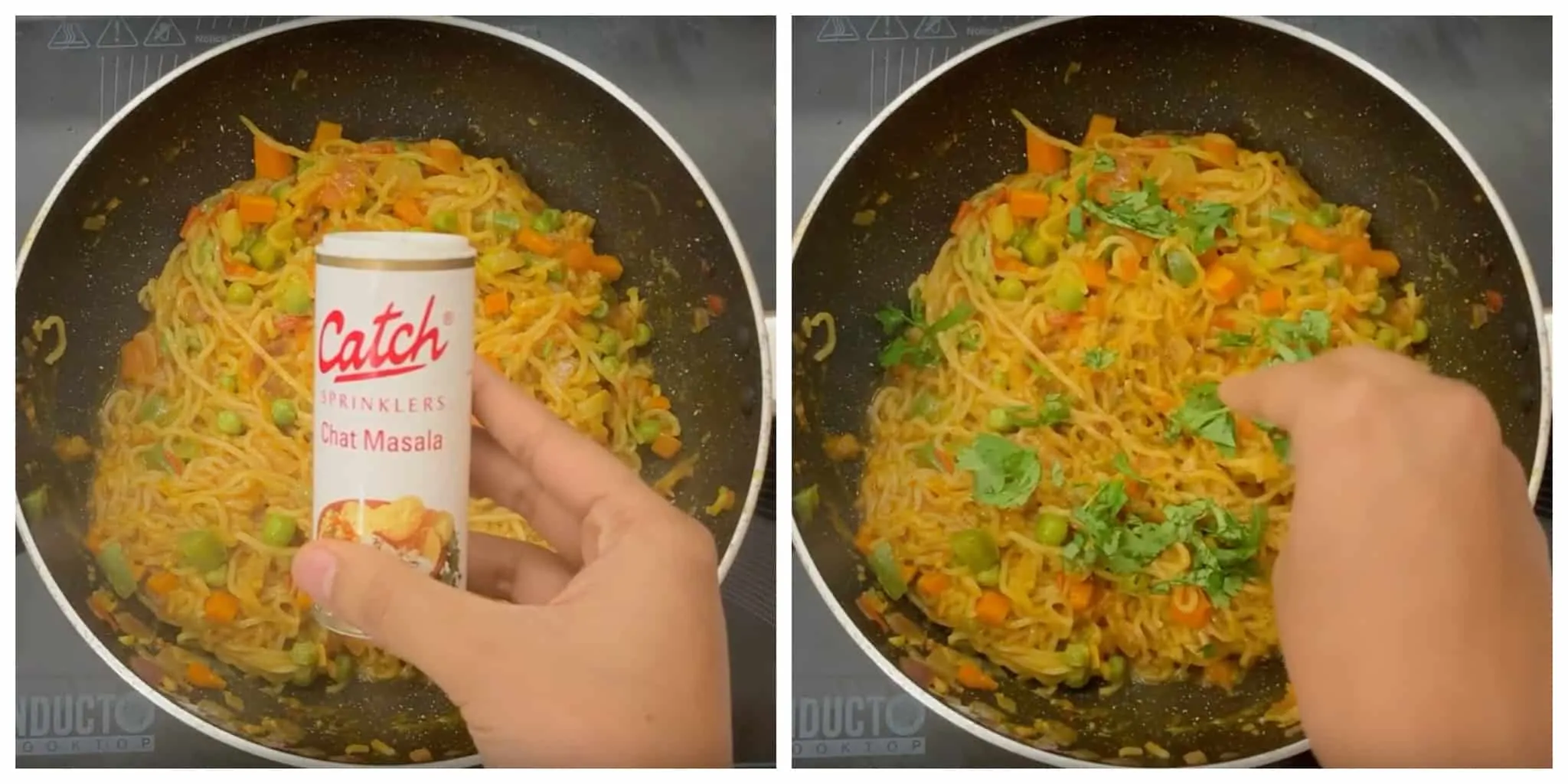 steps to garnish cilantro to cooked maggi collage