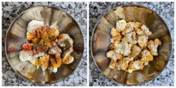 step to marinate cauliflower with spices in a mixing bowl collage