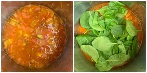 step to add baby spinach to cooked minestrone soup collage