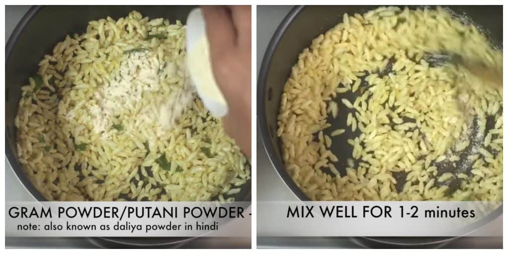 add fried gram powder and mix well