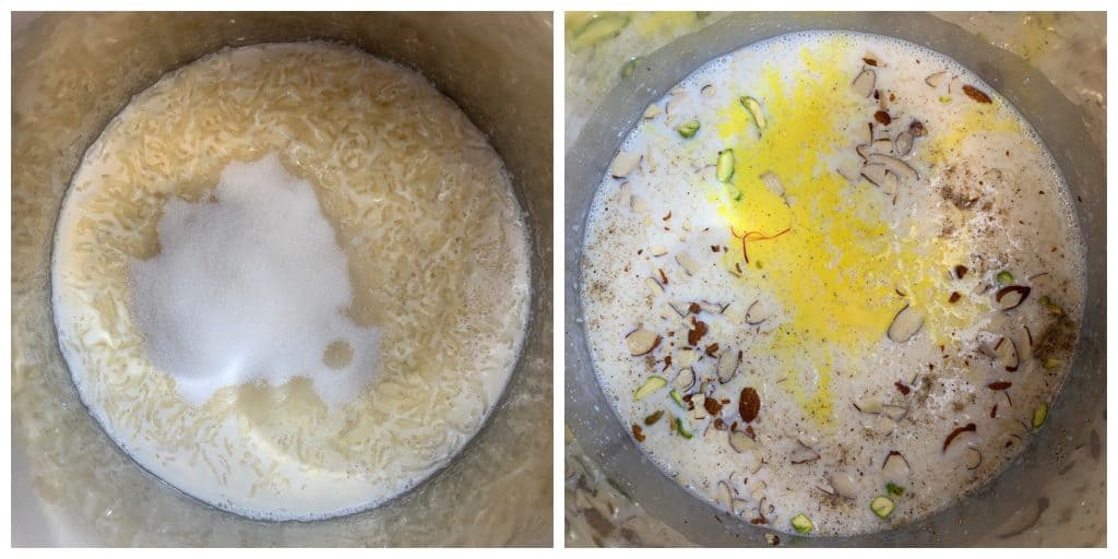 step to add sugar and saffrom milk to the cooked rice mixture collage