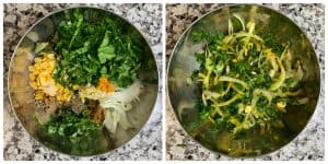 step to add corn spinach spices to mix well in a large bowl collage