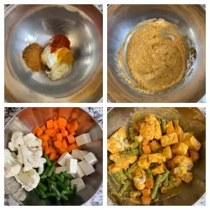 steps to marinate vegetables with yogurt and spices in a bowl