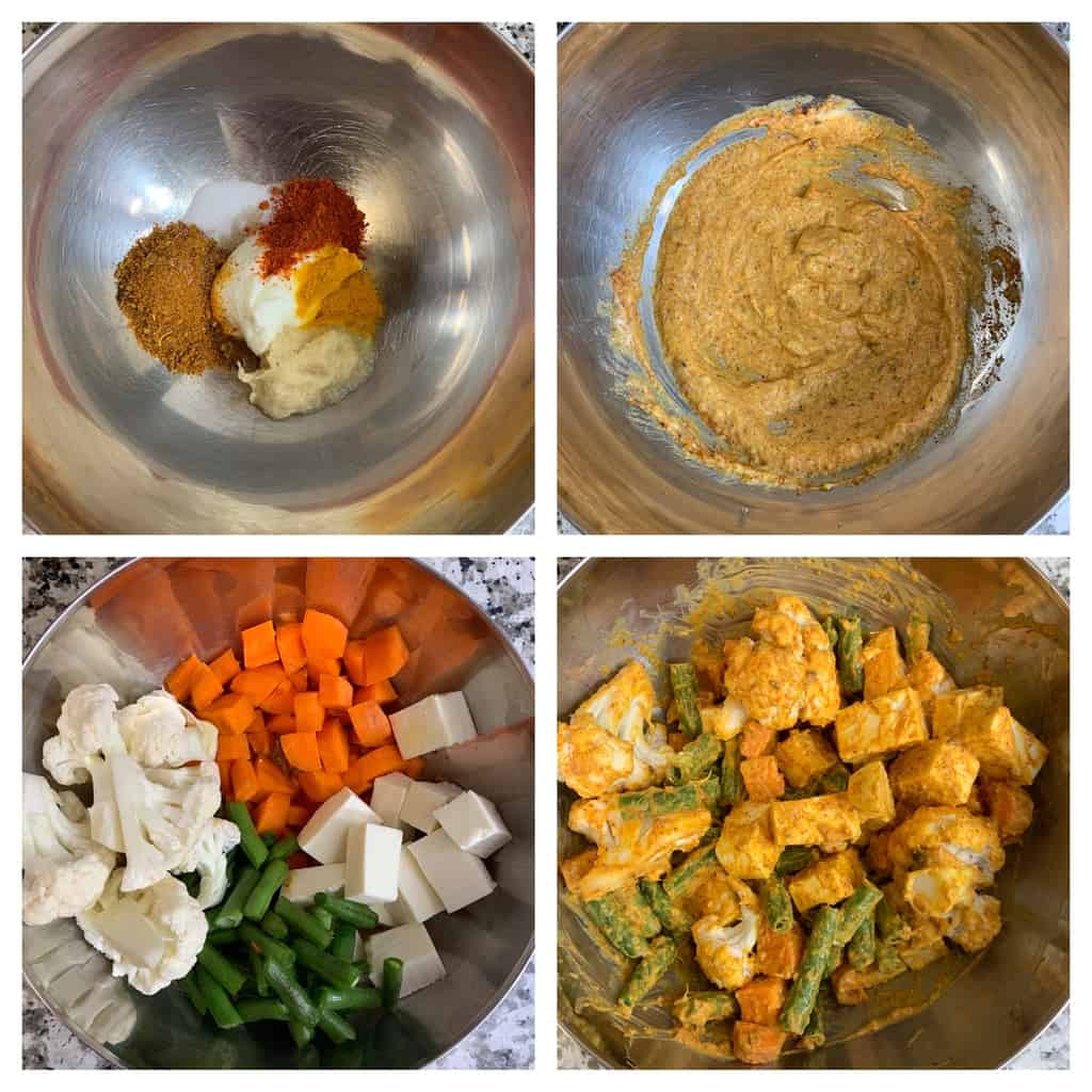 steps to marinate vegetables with yogurt and spices in a bowl