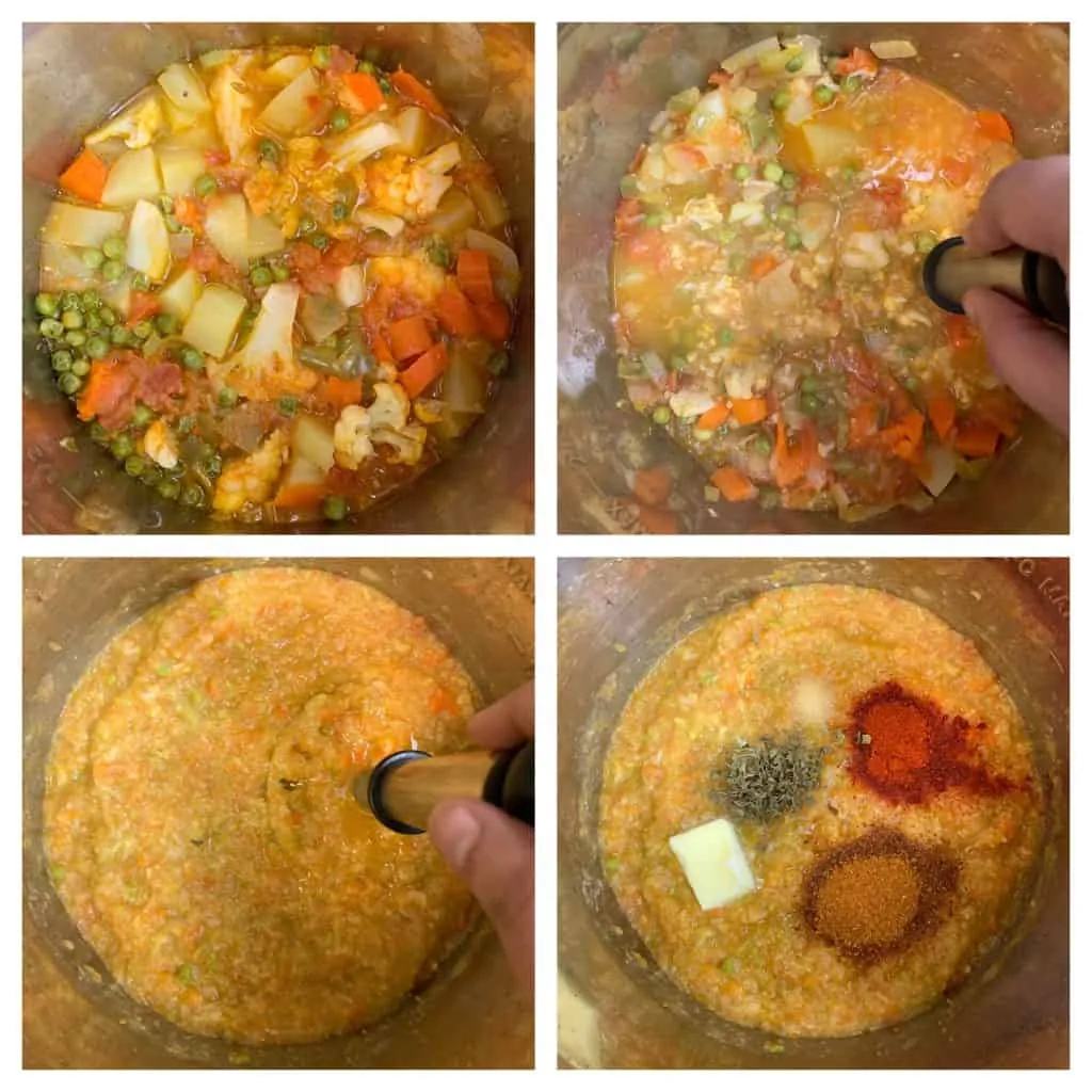 step to mash the cooked vegetables collage