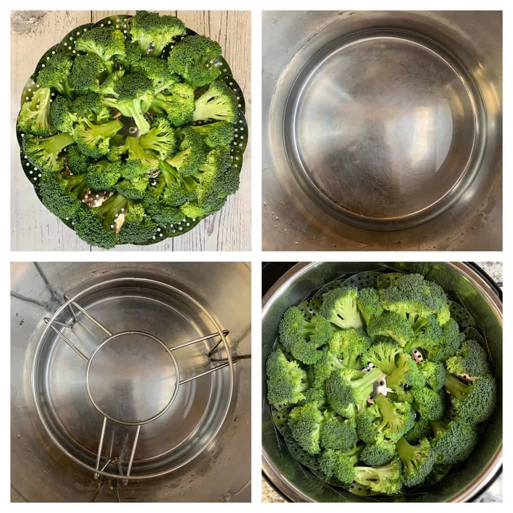 step to place broccoli florets in trivet and steam collage