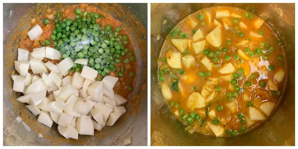 step to add potatoes and peas for instant pot aloo matar collage