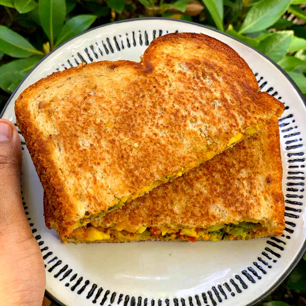 Grilled Broccoli Paneer Bhurji Sandwich served on a plate