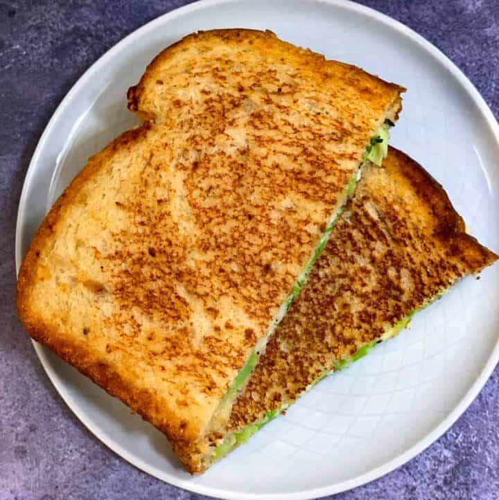 Grilled Broccoli Paneer Mayo Sandwich served on a plate