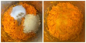 step to add sugar, almond flour in to the cooked carrot mixture collage