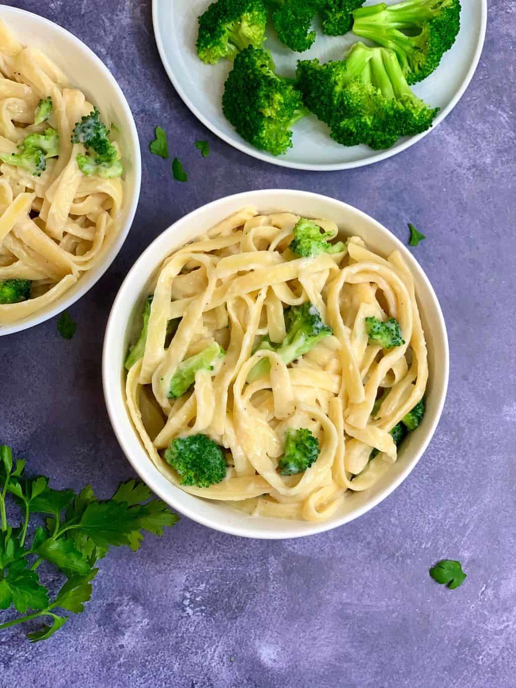 alfredo pasta served in a bowl with steamed broccoli on the side