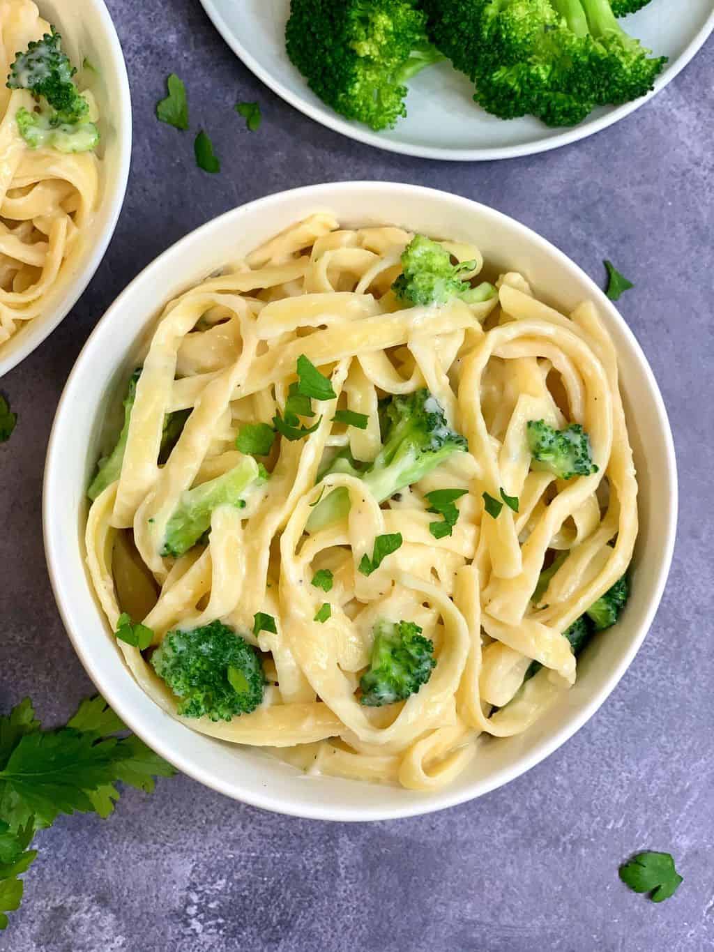 fettuccini alfredo pasta served in a white bowl with steamed broccoli on the side