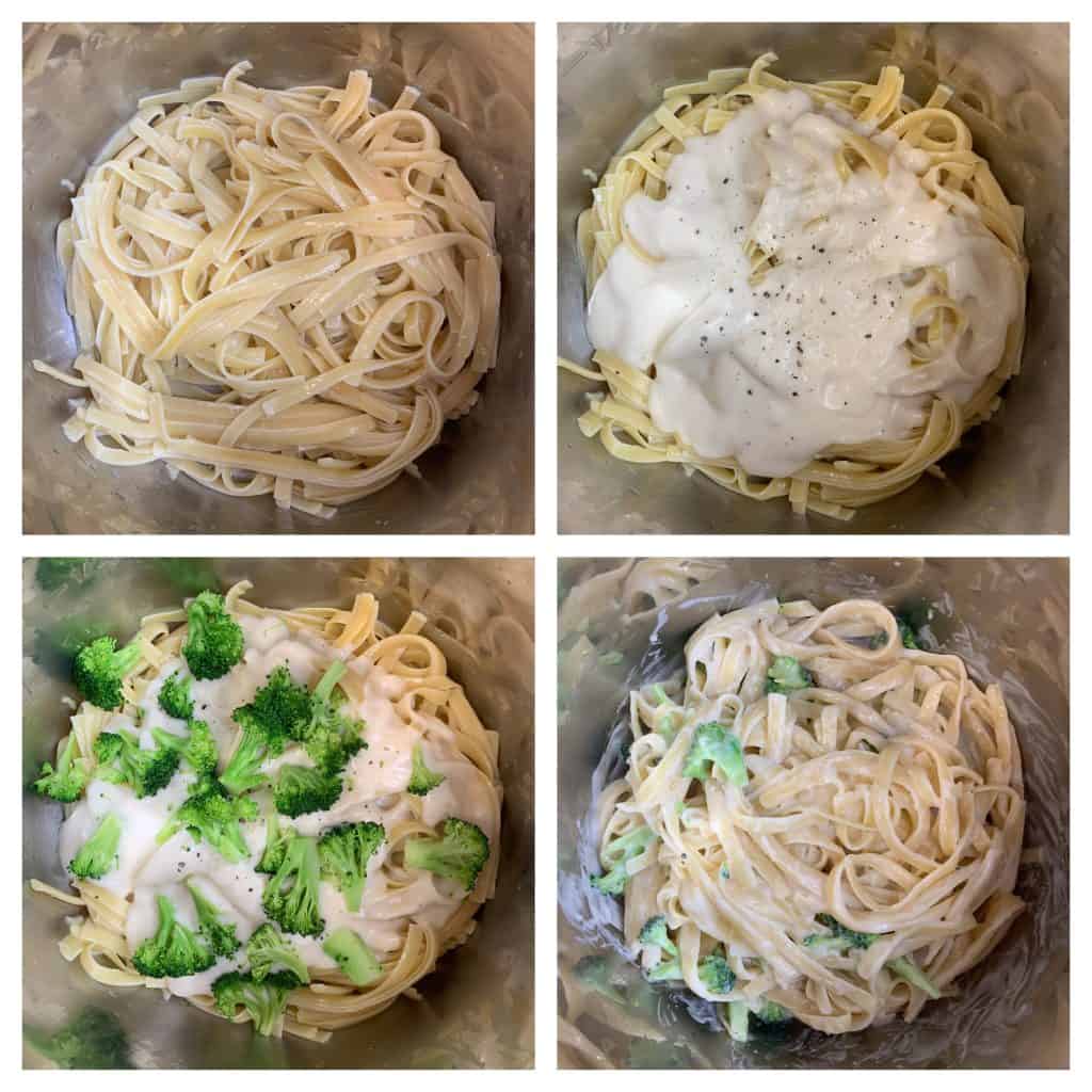 step to add alfredo sauce and steamed broccoli collage