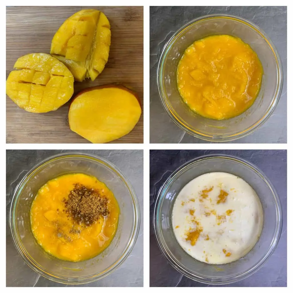 step to cut mango and add jaggery and coconut milk to mango collage