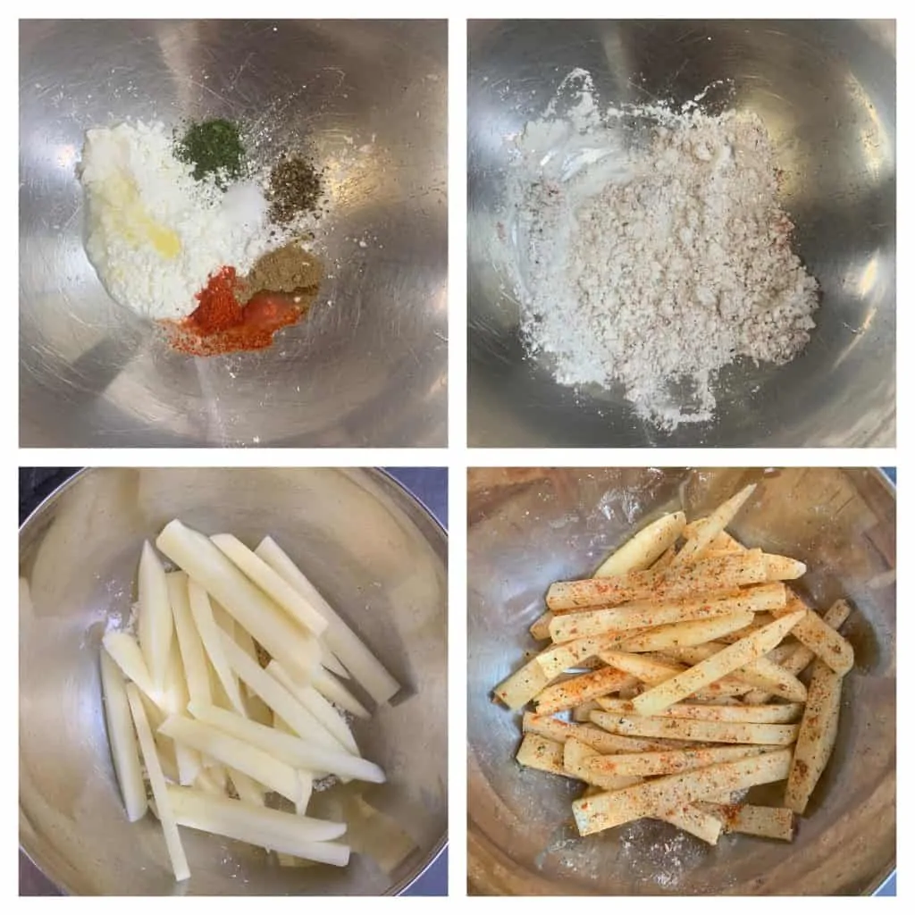 step to add flour and dry spices to potato strips collage