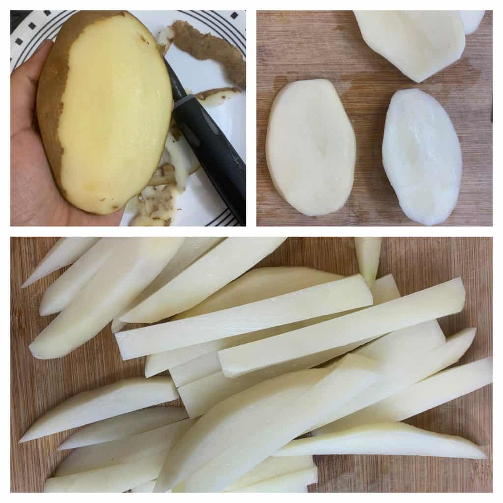 step to peel and cut potato into strips collage