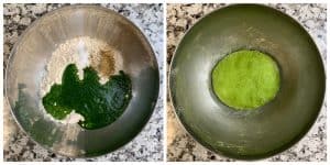 step to add flour spinach puree to a wide bowl collage