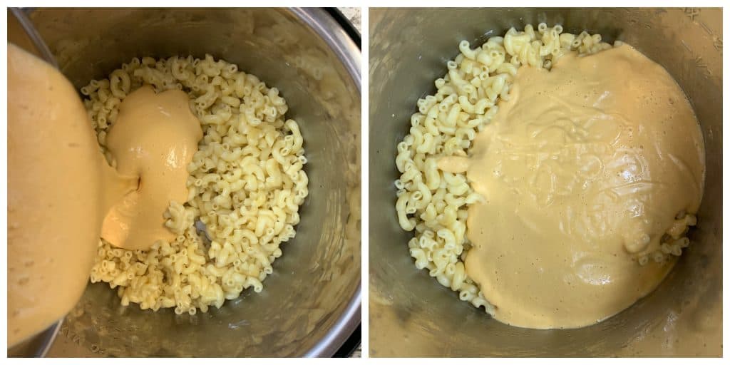 step to pour vegan sauce over cooked macaroni collage