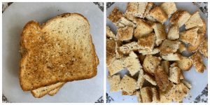 step to cut toasted bread into pieces collage