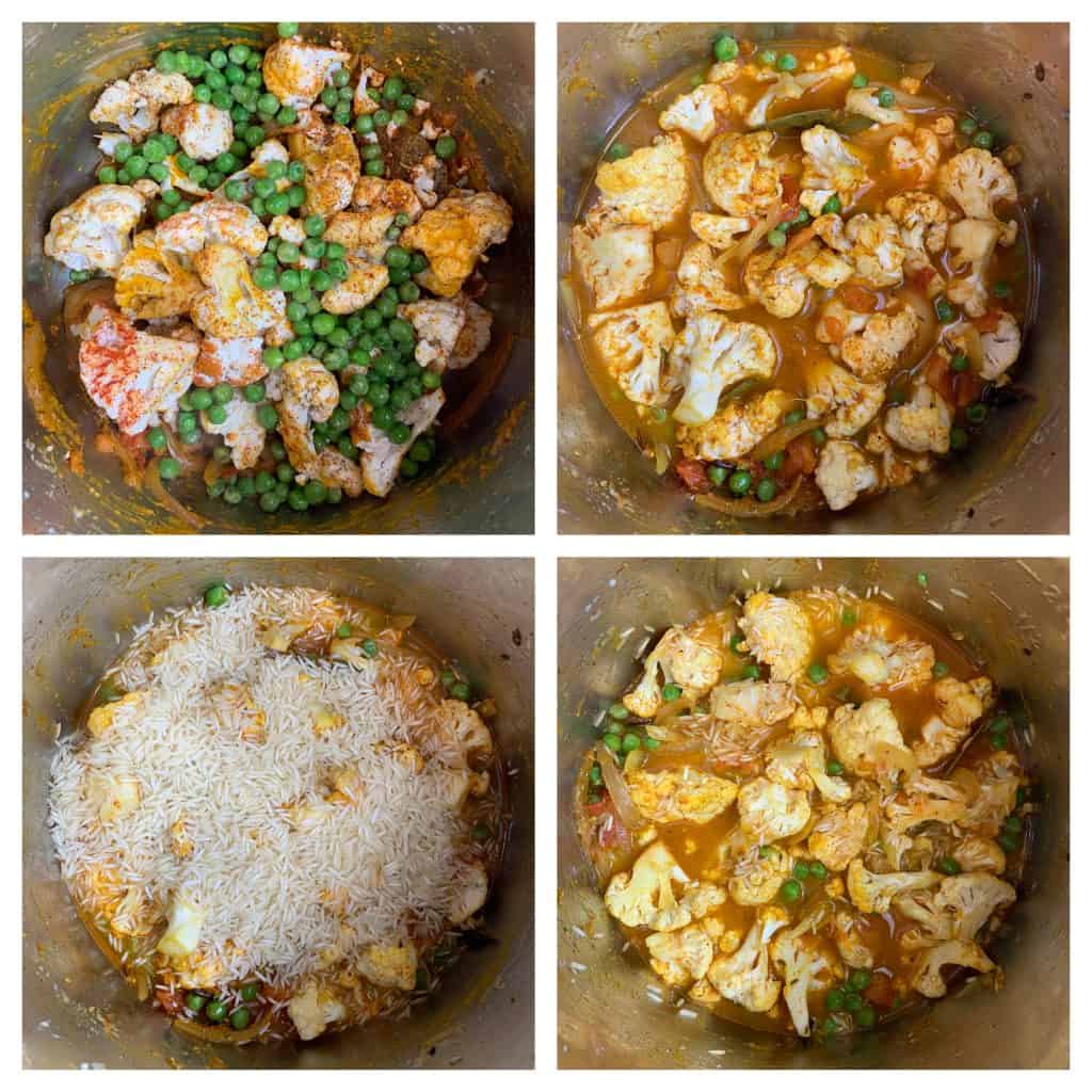 step to add cauliflower peas and rice collage
