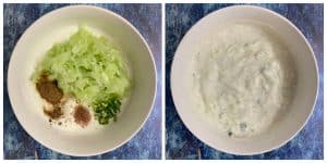 step to add cooked vegetable and spices to yogurt collage